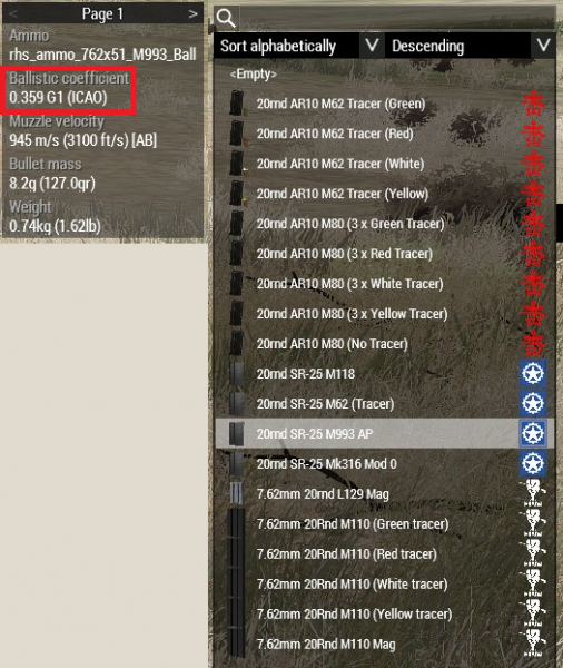 The in-game arsenal displaying the C1/G1 BC of a bullet.