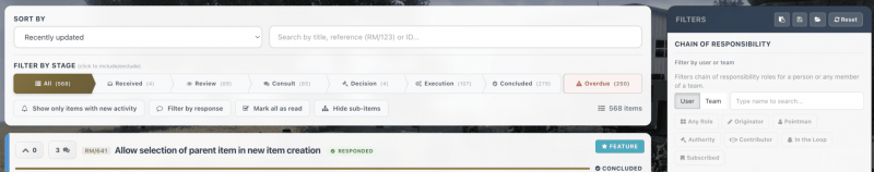 A view showing the significant number of filters possible on the main roadmap.