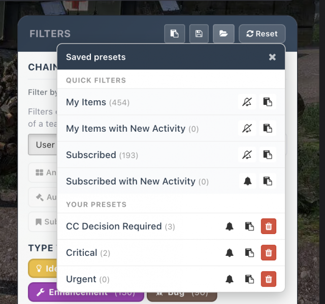 From the main Roadmap there is significant flexibility to create and enable custom filters and notifications.