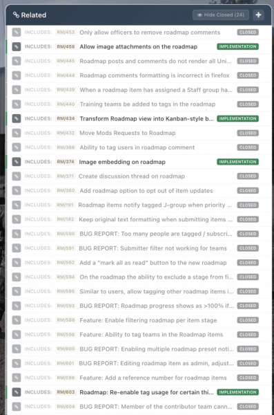 Example of a relationship section on an item with many related items, it's possible to filter out closed items.