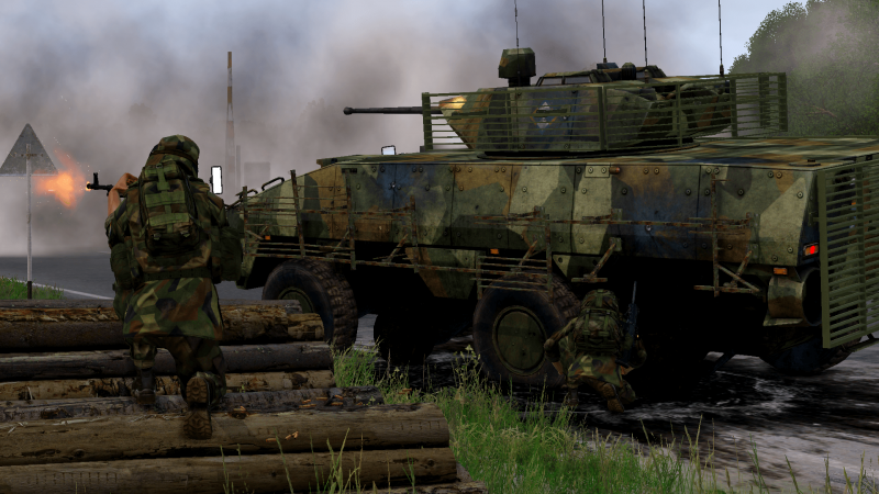An IFV deploying smoke screen as Maintenance Technician provides in-field repairs